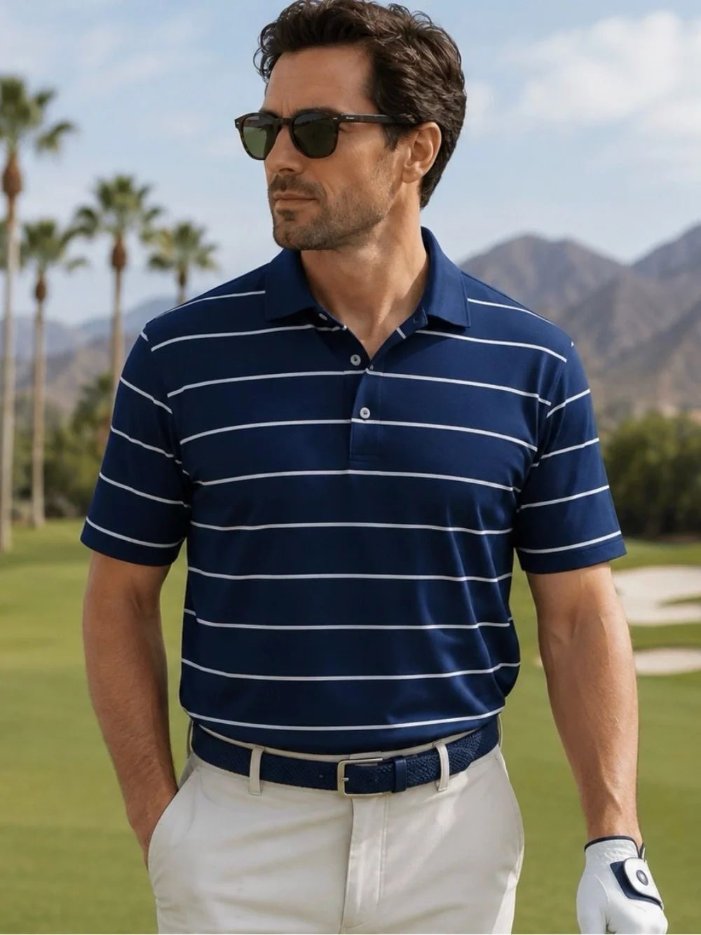 FootJoy Navy Blue White Striped Performance Golf Polo Shirt Stretch Men’s L
